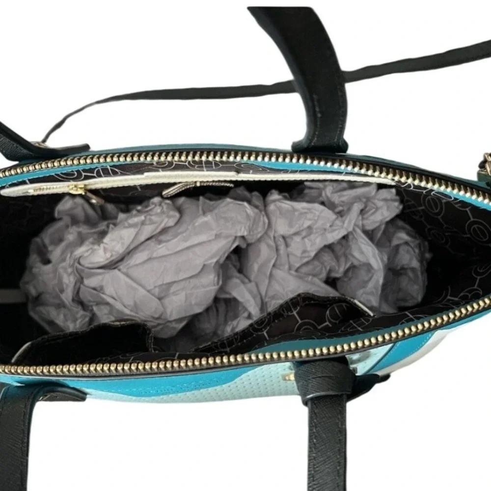 Henri Bendel Satchel Teal White Black Perforated Saffiano‎ Bag no shoulder strap